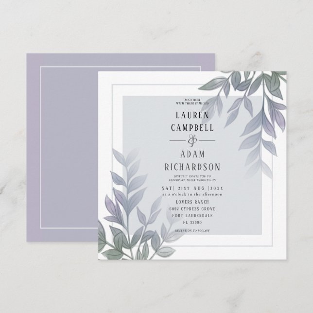 Faire-part de mariage moderne Foliage Purple Lilac (Devant / Derrière)
