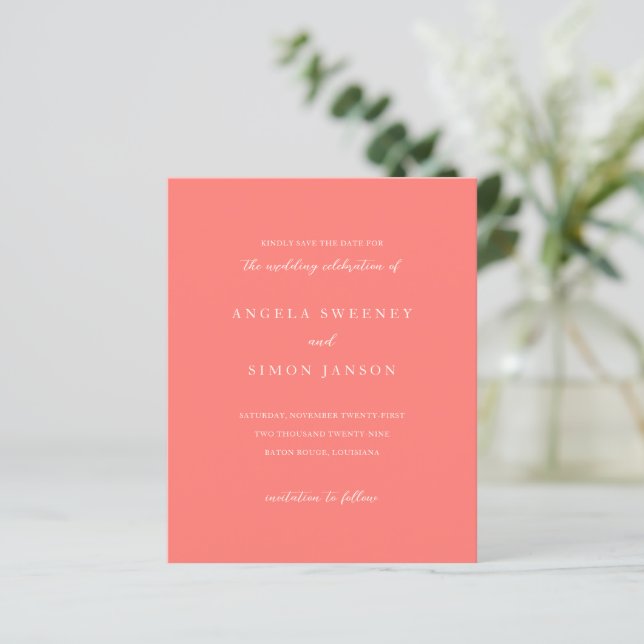 Faire-part de mariage moderne gras vibrant corail (Debout devant)