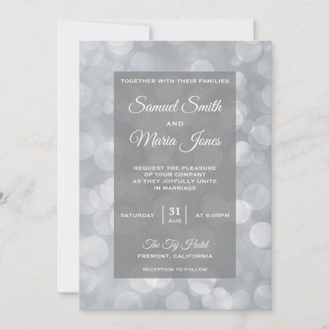 Faire-part de mariage moderne gris argent bokeh (Devant)