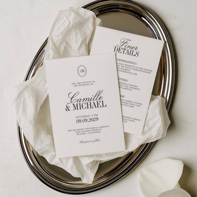 Faire-Part de Mariage Moderne Monogramme Tout en U (All in One Monogram Modern Wedding Invitation)