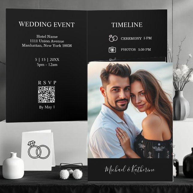 Faire-Part de Mariage Moderne Noir & Blanc Tout-en (Modern Black & White All in One Wedding Invitation)