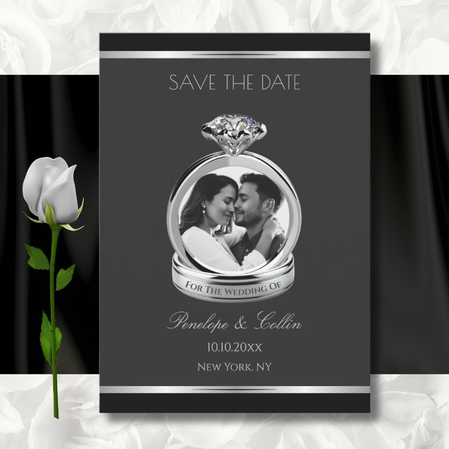 Faire-part de mariage moderne noir et argenté avec (tic elegant black evening wedding save the date announcement with silver diamond ring.)