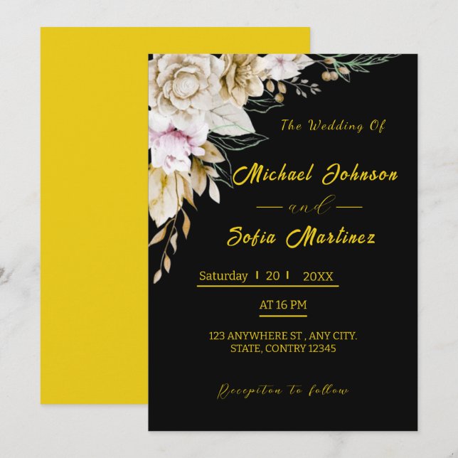 Faire-part de mariage moderne noir et or | Élégant (Devant / Derrière)