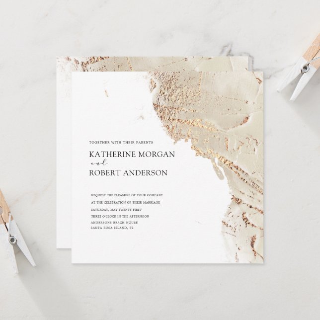 Faire-part de mariage moderne or texturé (Devant/Arrière en situation)