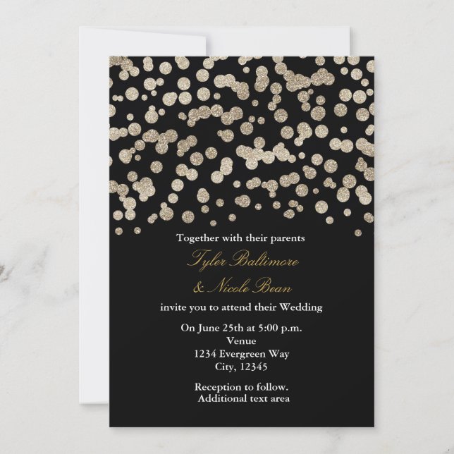 Faire-part de mariage moderne paillettes noir et o (Devant)