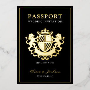 Faire-part de mariage moderne passeport noir et or