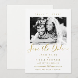 Faire-part de mariage moderne photo blanc et or