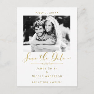 Faire-part de mariage moderne photo blanc et or