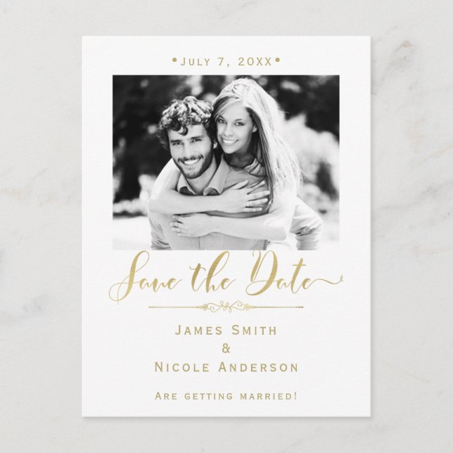 Faire-part de mariage moderne photo blanc et or (Devant)