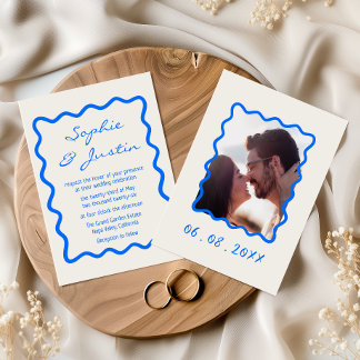 Faire-Part de Mariage Moderne Photo Cadre Bleu Ond