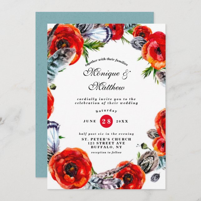 Faire-part de mariage moderne Red Poppy Boho (Devant / Derrière)