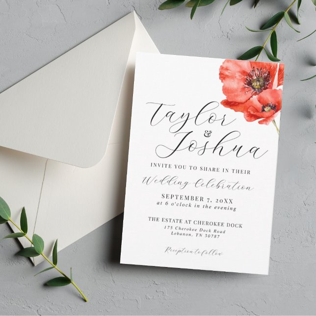 Faire-part de mariage moderne Red Poppy | Floral | (Créateur téléchargé)