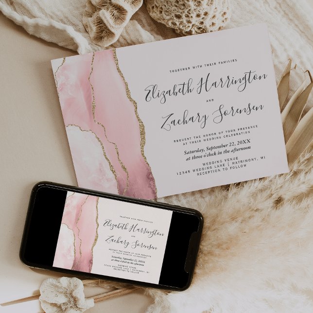 Faire-part de mariage moderne rose blush or agate (Créateur téléchargé)