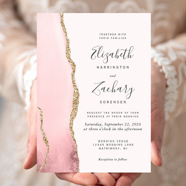 Faire-part de mariage moderne rose blush or agate (Créateur téléchargé)