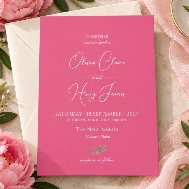 Faire-part de mariage moderne rose chaud écriture  (Modern Peony Pink Ivory Script Wedding Invitation)