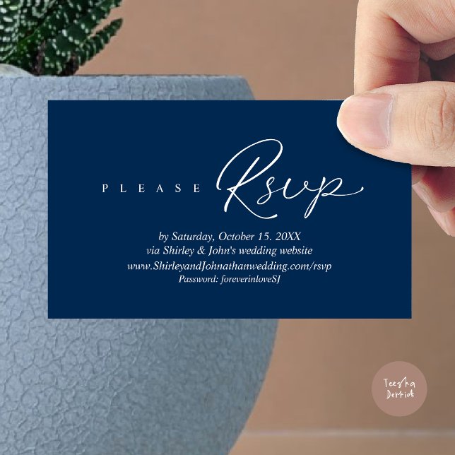 Faire-part de mariage moderne RSVP, via le site we (Modern RSVP Wedding Invitation, via Website Enclosure Card, Phone, email, Navy Blue)
