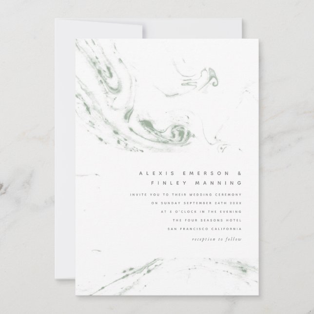 Faire-part de mariage moderne Sage Green Marbling (Devant)