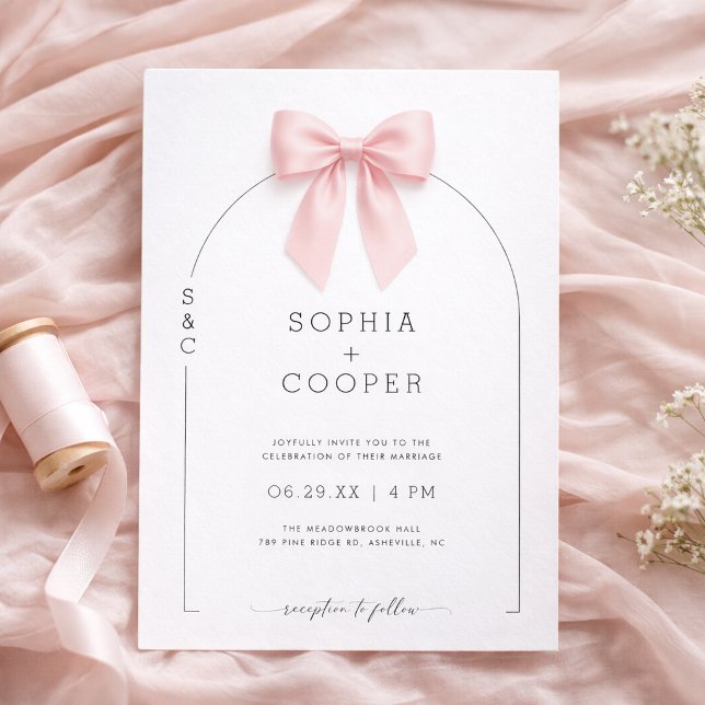 Faire-part de mariage moderne serif à ruban rose (Créateur téléchargé)