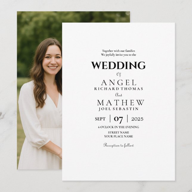 Faire-part de mariage moderne simple avec photo en (Devant / Derrière)