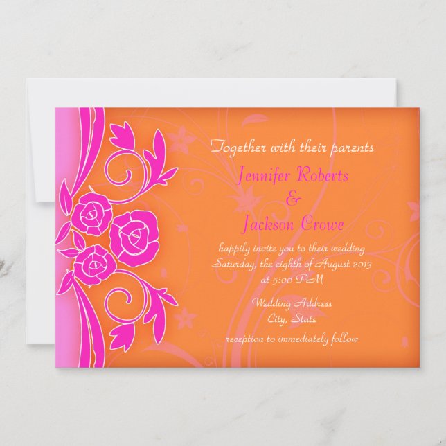 Faire-part de mariage moderne Tangerine et Rose fl (Devant)