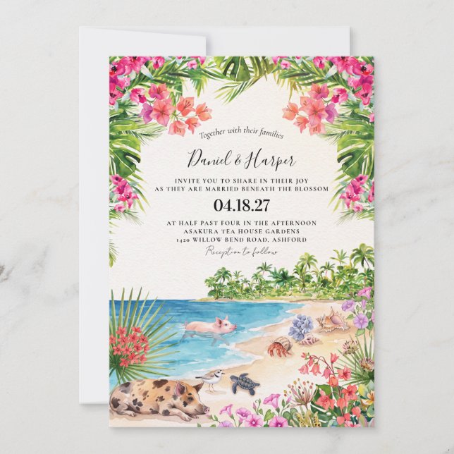 Faire-part de mariage moderne tropical aux Bahamas (Devant)
