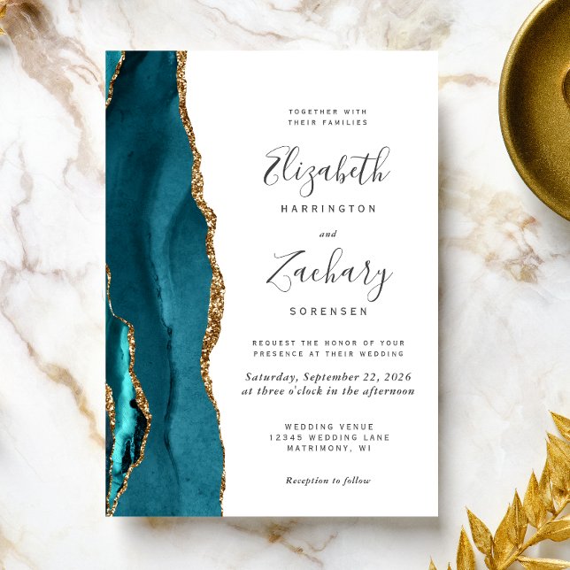 Faire-part de mariage moderne Turquoise Gold Agate (The perfect choice for a teal and gold themed wedding.)