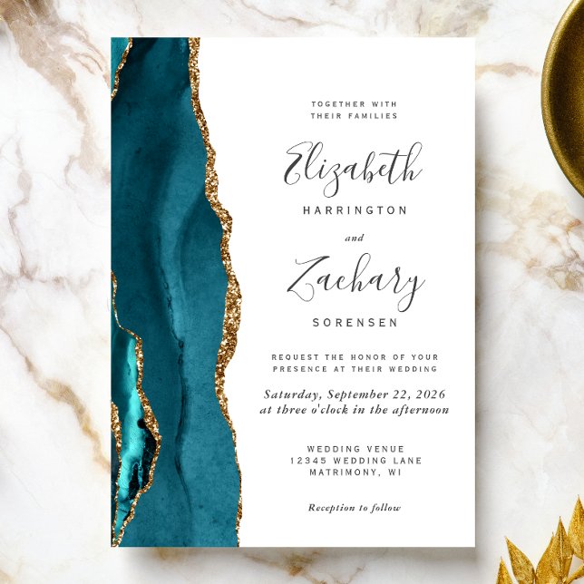 Faire-part de mariage moderne Turquoise Gold Agate (The perfect choice for a teal and gold themed wedding.)