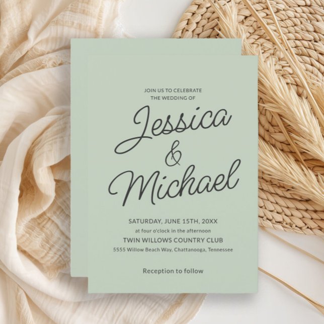 Faire-part de mariage moderne vert de sauge charbo (Mint green wedding invitation)