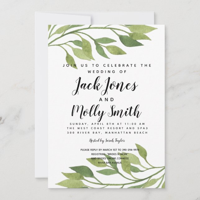 faire-part de mariage moderne vert feuillage (Devant)