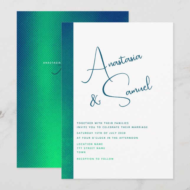Faire-part de mariage moderne vert sarcelle minima (Devant / Derrière)