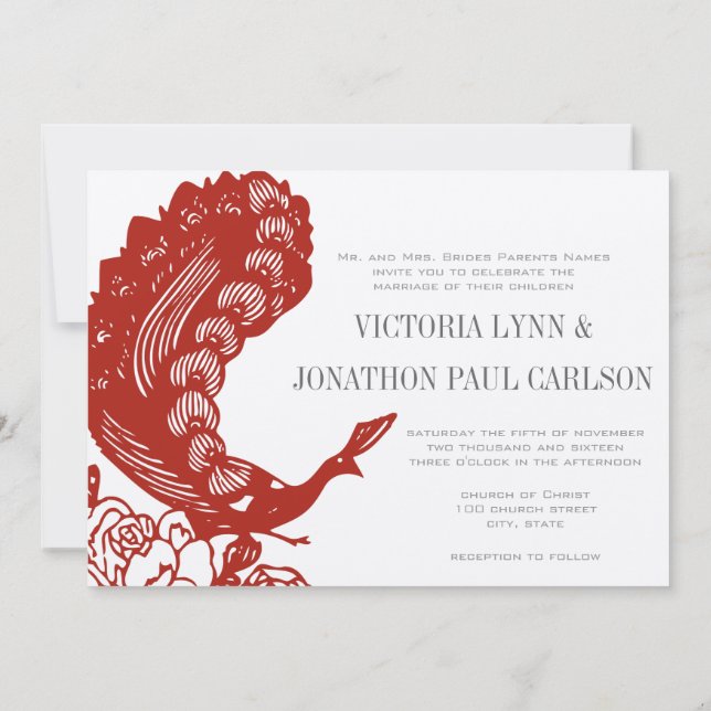 Faire-part de mariage moderne vintage rouge coquel (Dos)