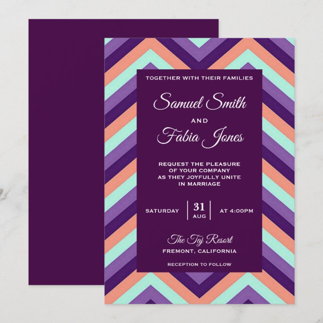 Faire-part de mariage moderne violet et corail à c (Devant / Derrière)