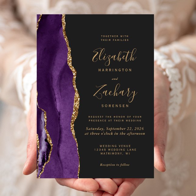 Faire-part de mariage moderne violet or agate fonc (An elegant way to invite friends and family to share your special day.)