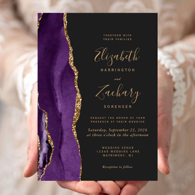 Faire-part de mariage moderne violet or agate fonc (An elegant way to invite friends and family to share your special day.)