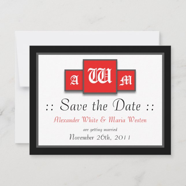 Faire-part de mariage modernes rouges à monogramme (Devant)