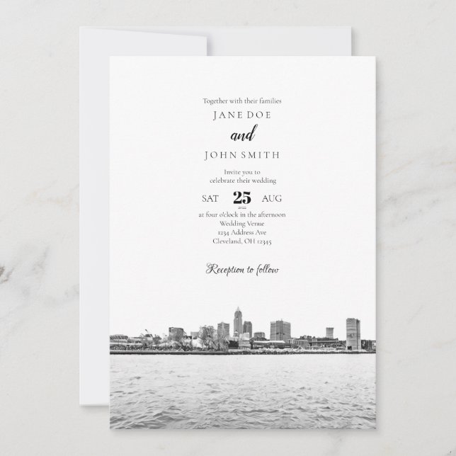 Faire-part de mariage monochrome Cleveland Skyline (Devant)