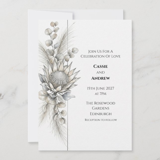 Faire-part de mariage Monochrome Protéa Eucalyptus (Devant)