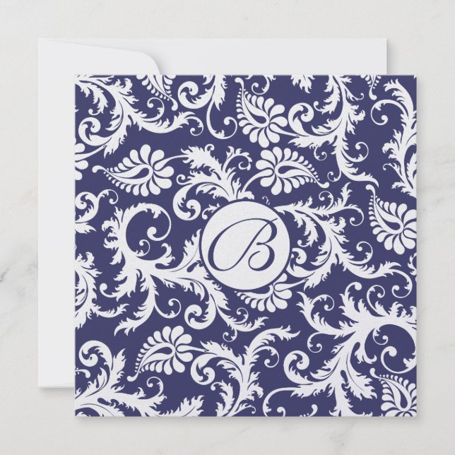 Faire-part de mariage Monogram Navy Damask Swils (Devant)