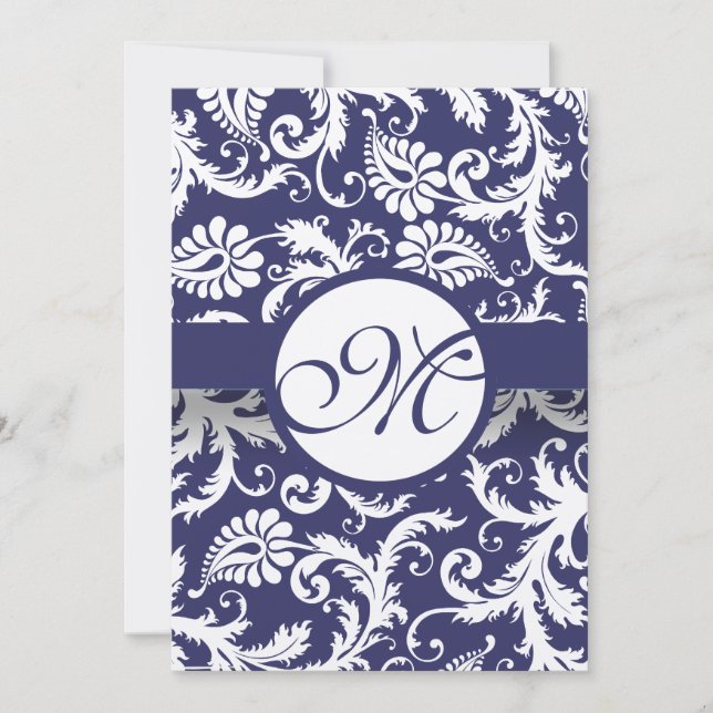 Faire-part de mariage Monogram Navy Damask Swils (Devant)