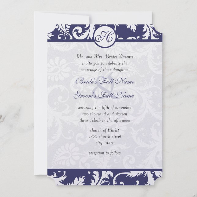 Faire-part de mariage Monogram Navy Damask Swils (Dos)