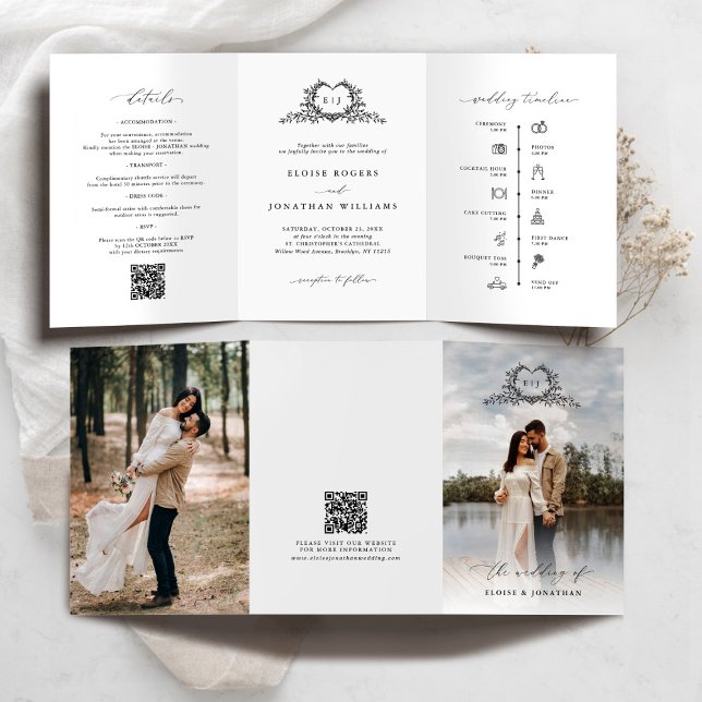 Faire-part de mariage monogramme à crête minimalis (Modern Minimalist Crest monogram tri fold photo Wedding Invite / announcement with QR code timeline)
