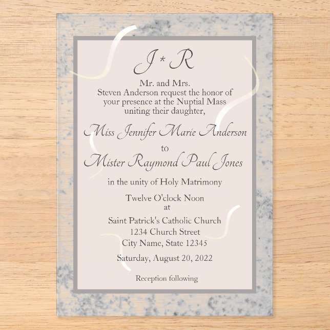 Faire-part de mariage monogramme à marbre rose et  (Recto)