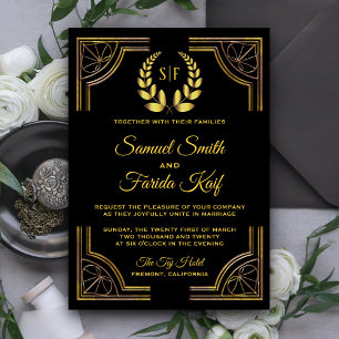 Faire-part de mariage Monogramme Black Gold Laurel