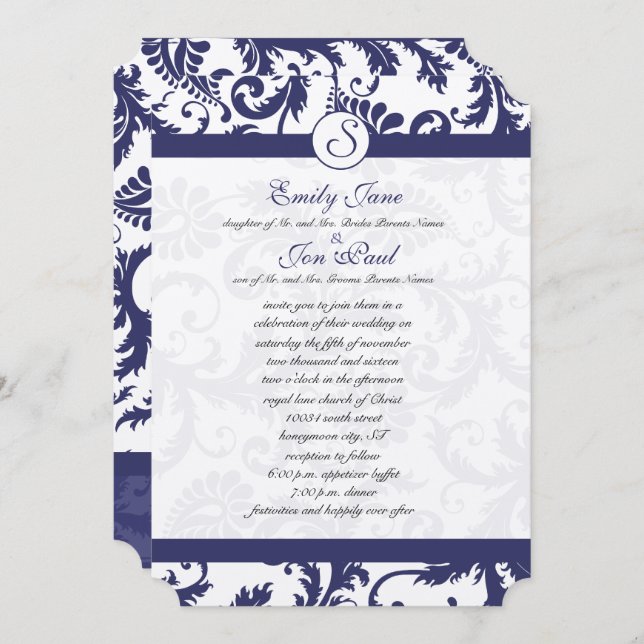 Faire-part de mariage Monogramme bleu marine Damas (Devant / Derrière)