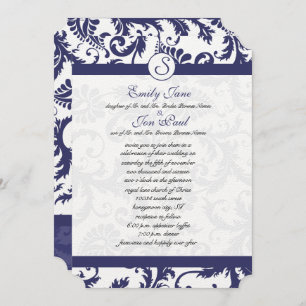 Faire-part de mariage Monogramme bleu marine Damas