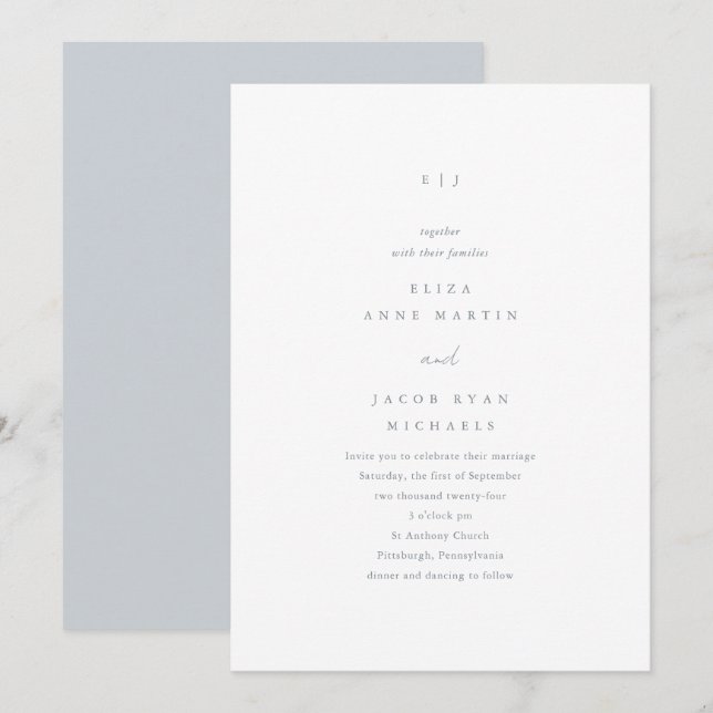 Faire-part de mariage monogramme bleu poussiéreux (Devant / Derrière)