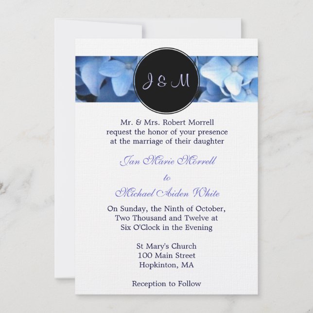 Faire-part de mariage Monogramme Blue Hydrangea (Devant)