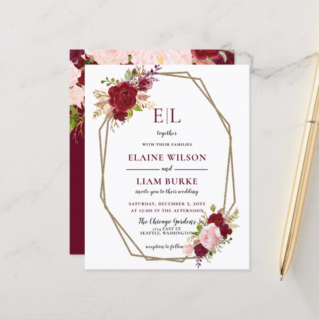 Faire-part de mariage Monogramme Blush Bourgogne B (Devant/Arrière en situation)