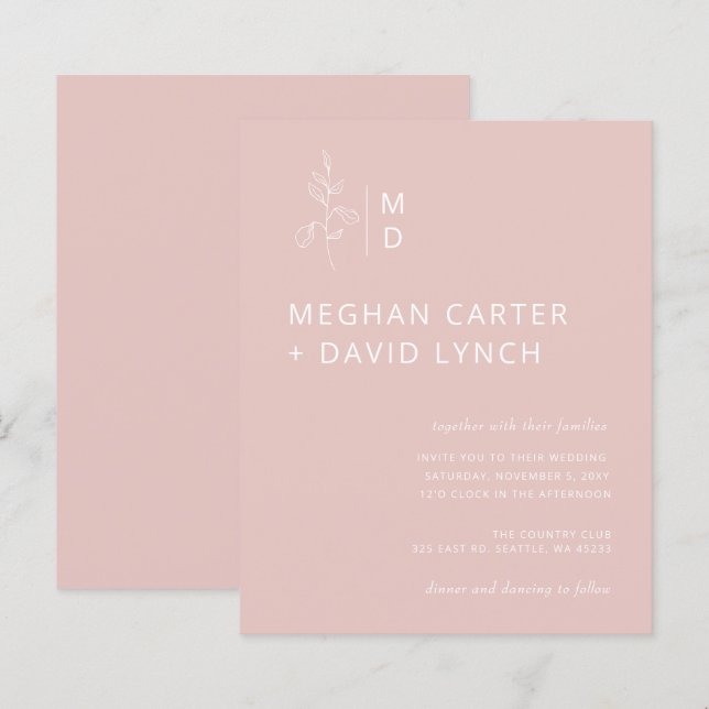 Faire-part de mariage Monogramme Botanique Blush B (Devant / Derrière)