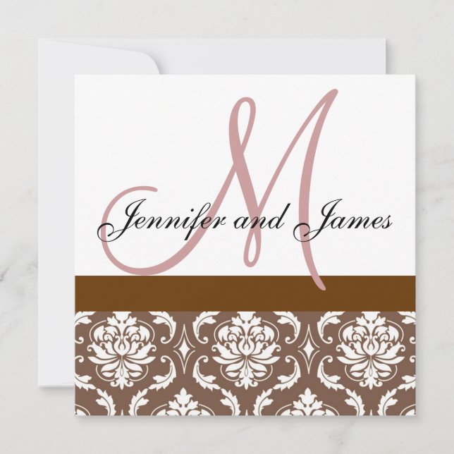 Faire-part de mariage Monogramme Brown Damas roses (Devant)